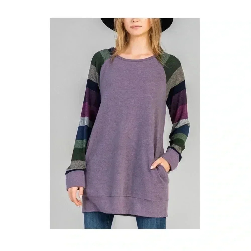 🆕Jardin By Macris Purple Bean Stripe Raglan Side Pockets Tunic S🆕